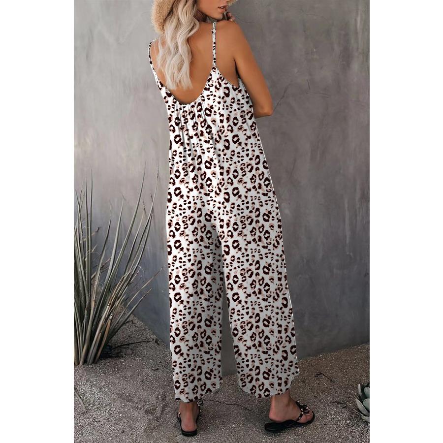 Summer Casual Beach Leopard Jumpsuit Women Spaghetti Strap Print Rompers Loose Pocket Sleeveless Jumpsuits