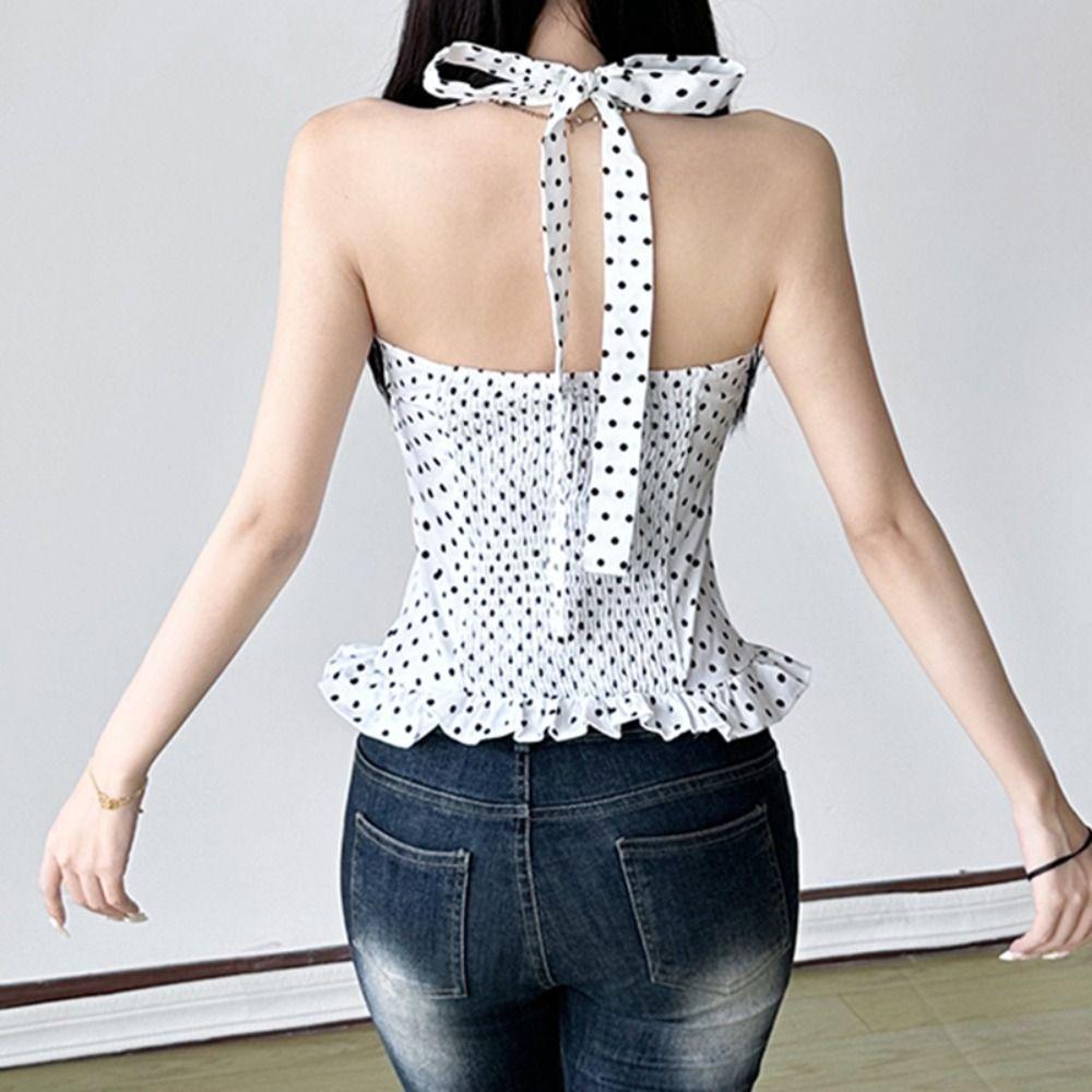 Dot Halter Ruffle Vest Top Lace Up Women Camisole Fashion Sleeveless Crop Top  Female