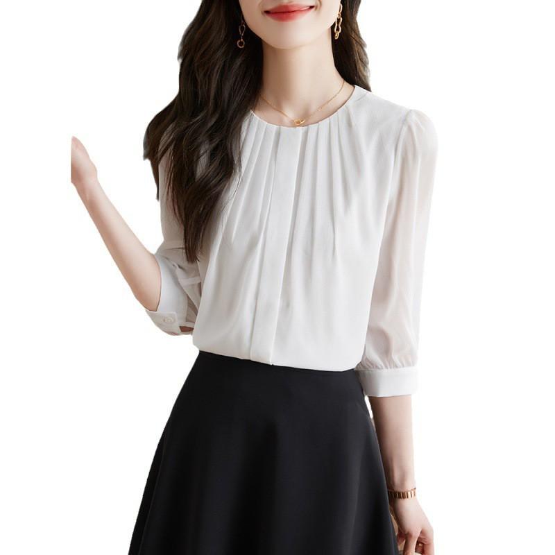 Womens Lightweight Chiffon Blouse 7/8 Sleeve Button-Up Shirt Office Wear Slim Fit 2026