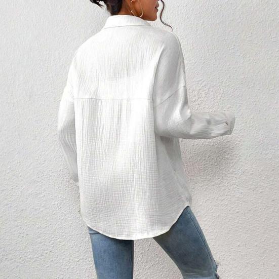Women Casual Shirt Lapel Long Sleeve Button Down Casual Top with Patch Pocket Solid Color Loose Fit Blouse Work Leisure Daily Wear
