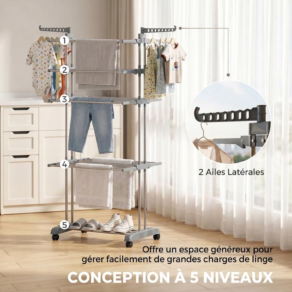 Foldable 4-Tier Clothes Drying Rack with Wheels, Side Wings and Steel Frame, Grey