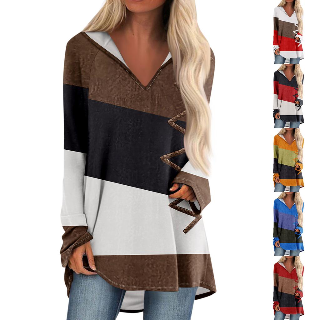 Women's V-neck Hooded Loose Long-sleeved Tops Casual Tops Home Leisure Pajamas Tops