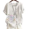 Women's Cotton Linen Casual Tee with Round Neck and Short Sleeves - 6 Stylish Patterns