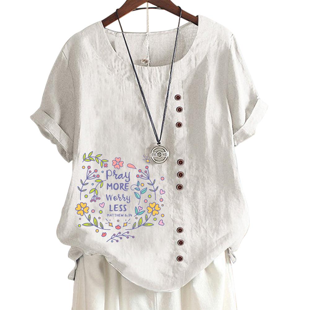 Women's Cotton Linen Casual Tee with Round Neck and Short Sleeves - 6 Stylish Patterns