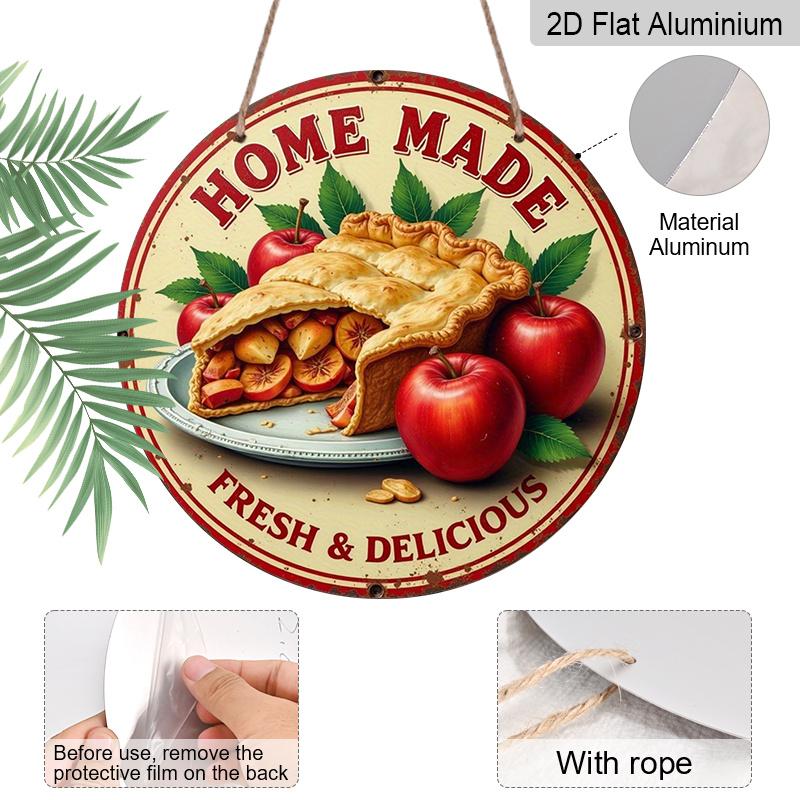 2D Flat 1pc, 8x8 in, Vintage-Style Aluminum Metal Sign - "Home Made" Apple Pie & Apples Decorative Wall Art, Garden Decor for Home, Bar, and More