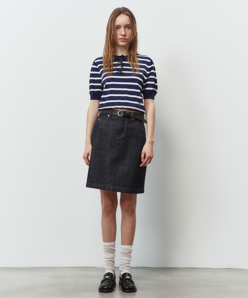 PLAC WOMEN Striped Puff Sleeve Knit Top Navy
