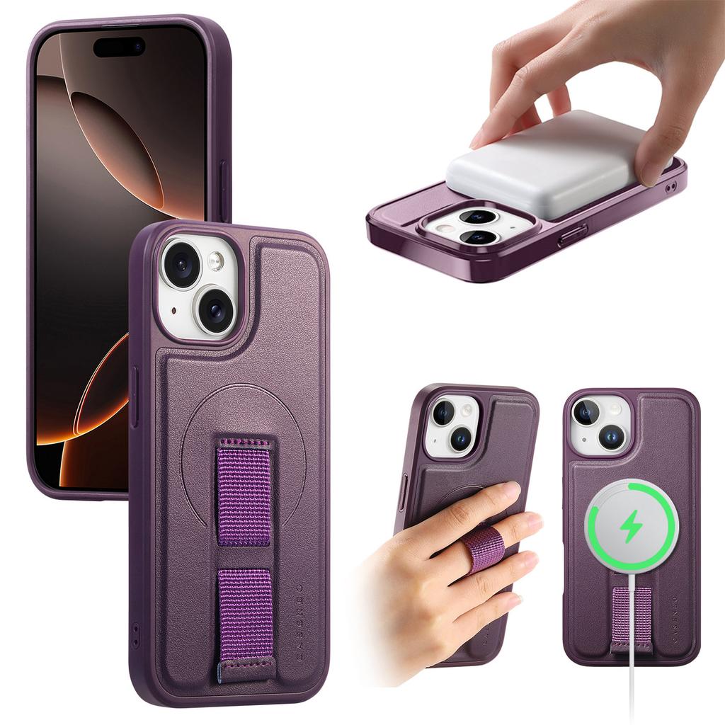 For iPhone 14/iPhone 13 6.1 inch Magnetic Case CASENEO Wristband PU Leather+PC Shockproof Phone Cover