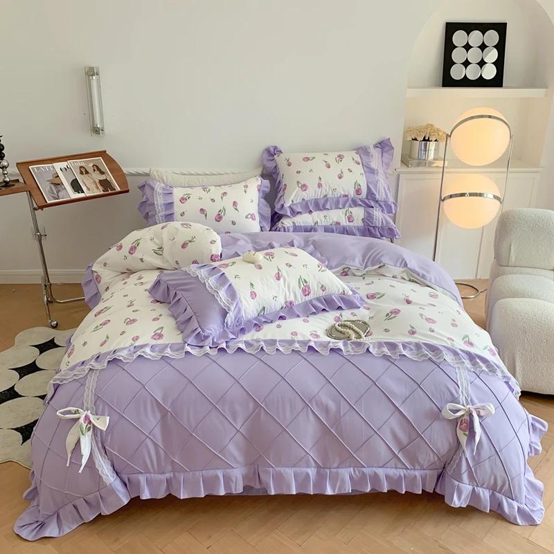 4Pcs Princess Bow Korean Duvet Cover With Ruffle Lace Luxury Bedding Set Bed Sheet For Girls Flower Bedspread Decor Home