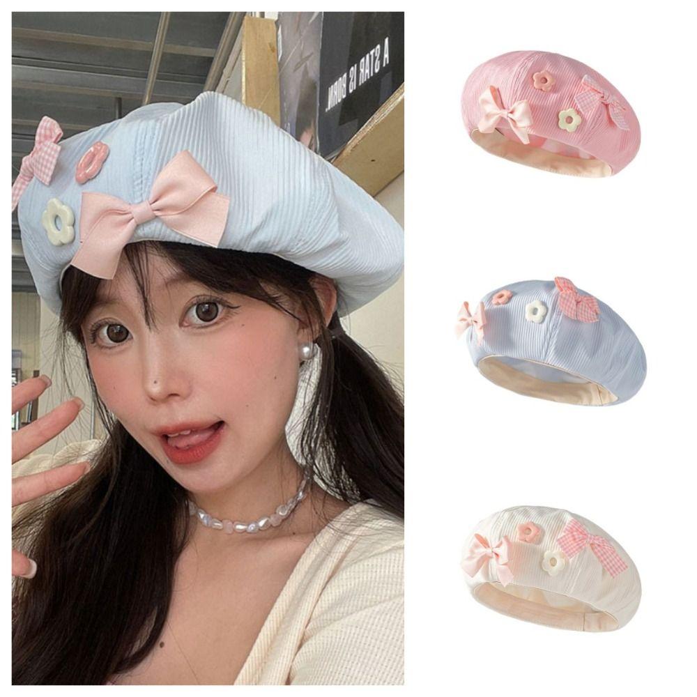 Cotton Octagonal Cap Y2k Painter Hat Sweet Bow Flower Beret  Autumn