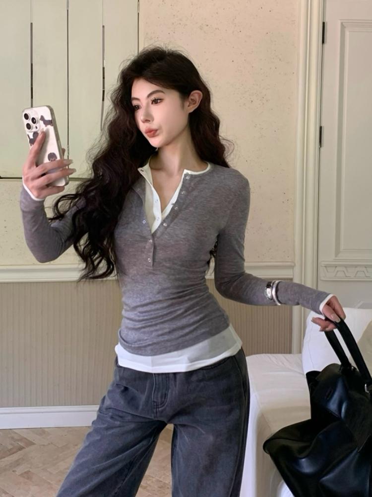 Корейский шикарный дизайн, поддельные две части, длинные рукава, рубашка для женщин, осень 2024, новые элегантные универсальные облегающие базовые топы для похудения, зима