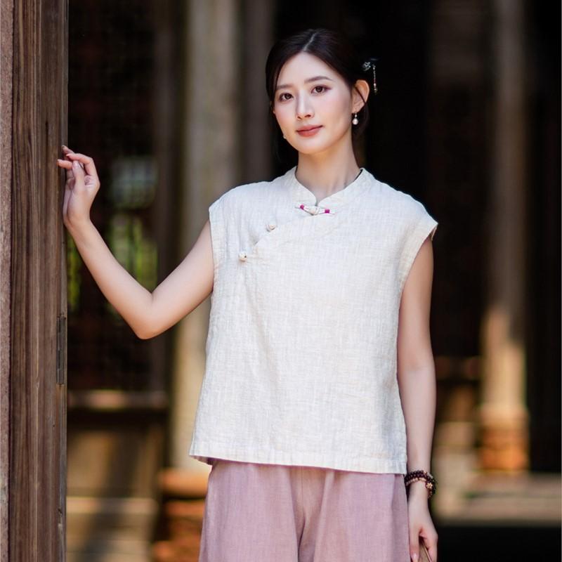 Johnature Women Vintage Shirts Tops Summer Chinese Style Solid Color Sleeveless Stand Button Blouses