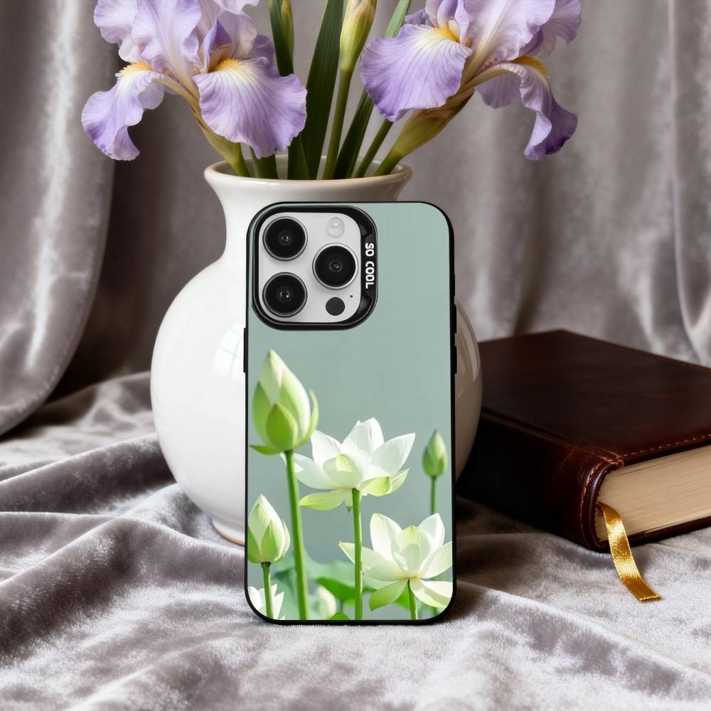 E-Emerald W-White Lotus Phone Case For iPhone17,16,15,14,13,12,11 Plus,Pro Max Black Candy silver phone case