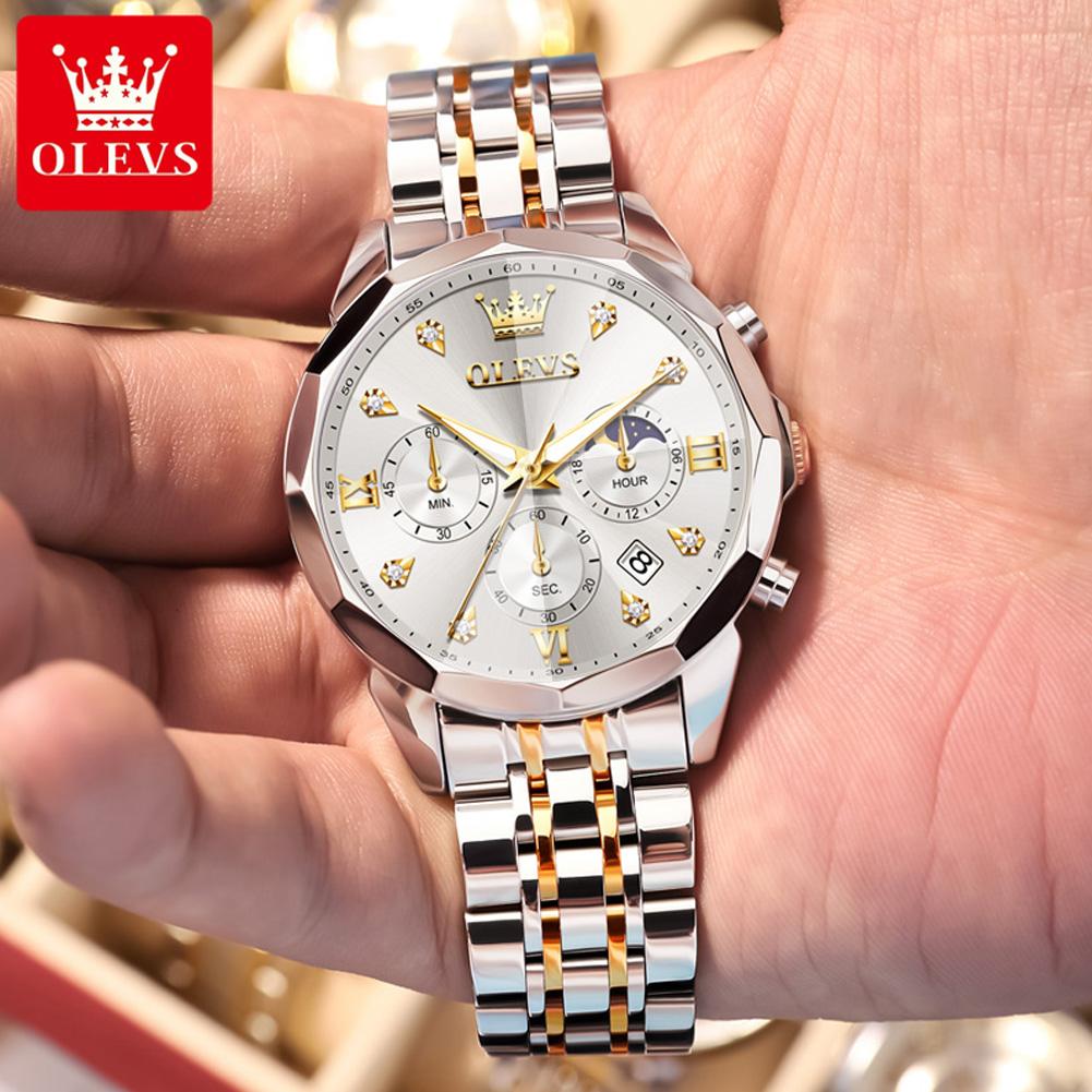 OLEVS 3670 Original Quartz Watch For Men Three Dials 24-hour Moon Phase Luminous Function 30m Waterproof Calendar Window Watch