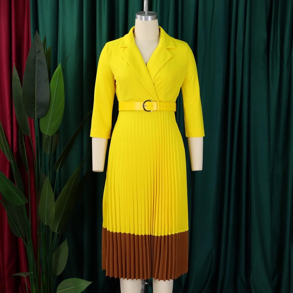 LYRIA Fashion Full Sleeve Notched Neck Solid High Waist Belt Dress Women Autumn Office Lady Pleated Long Africa Midi Dresses 5XL