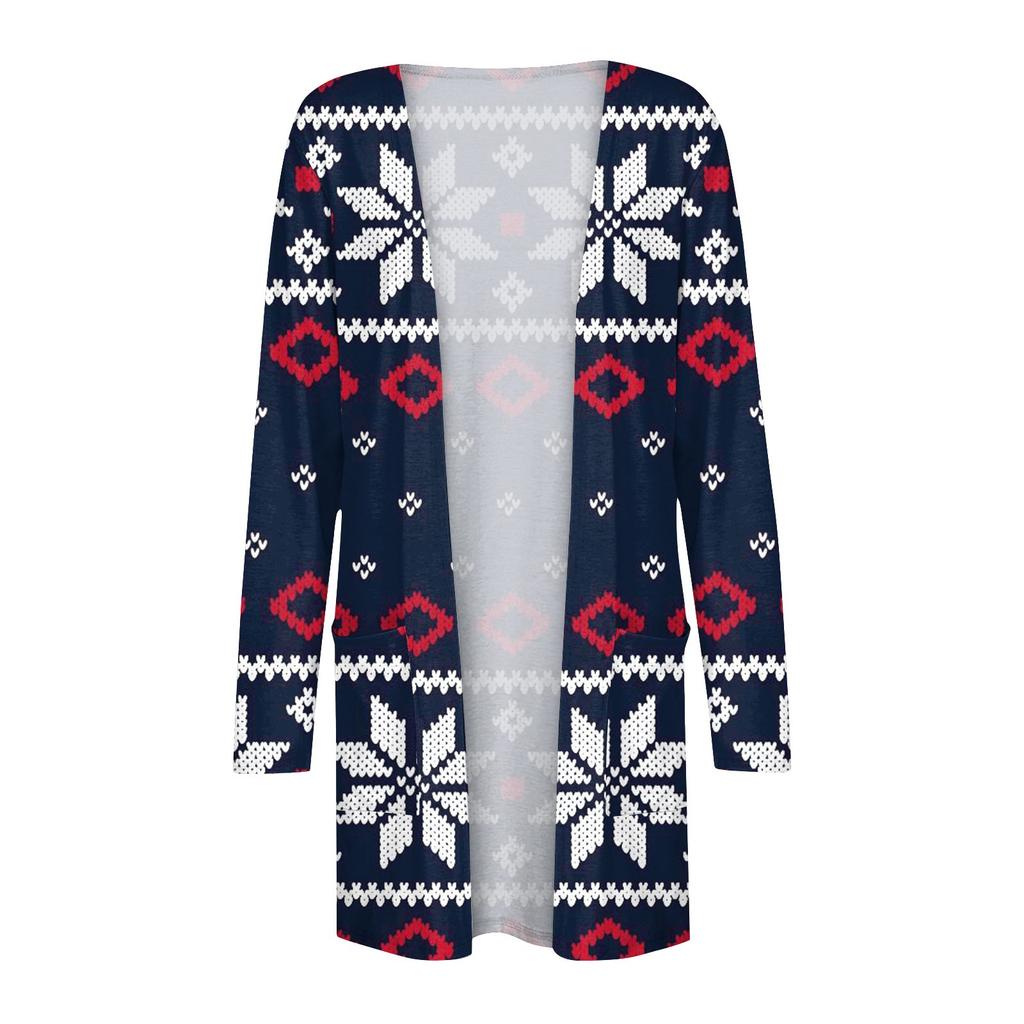 Рождественская женская модная повседневная куртка-кардиган средней длины с длинным рукавом и принтом