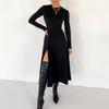 RUGOD European and American Niche Long-sleeved Dress Commuter Fashion Knitted High Waist A-type Slit Pleated Simple Women