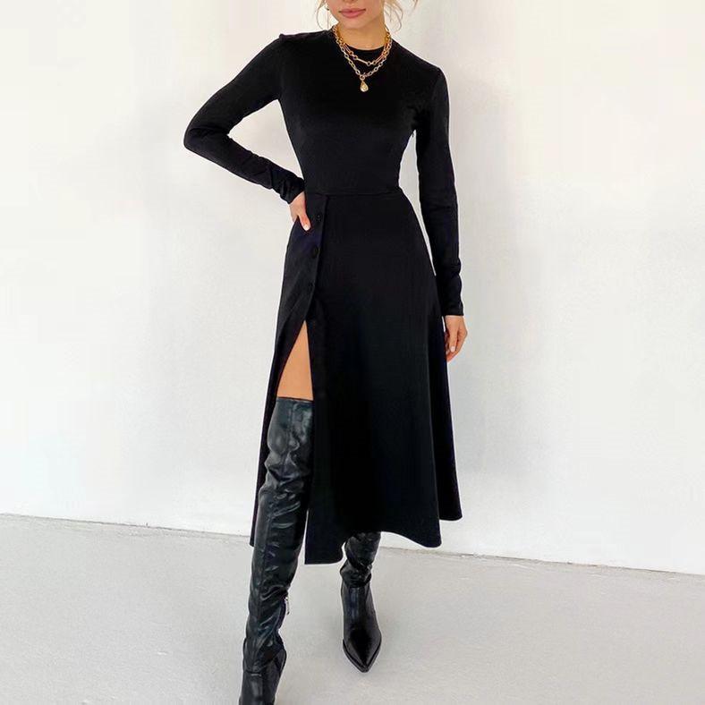 RUGOD European and American Niche Long-sleeved Dress Commuter Fashion Knitted High Waist A-type Slit Pleated Simple Women
