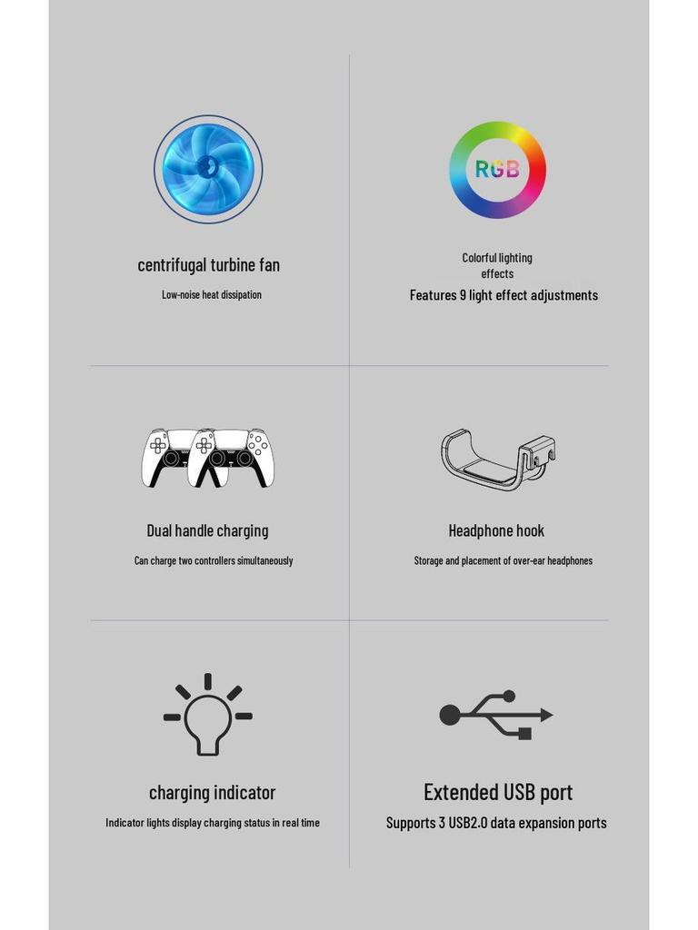 PS5 PRO/Slim RGB Cooling Station: Console Stand, Controller Charger, Disc Storage & Headset Rack