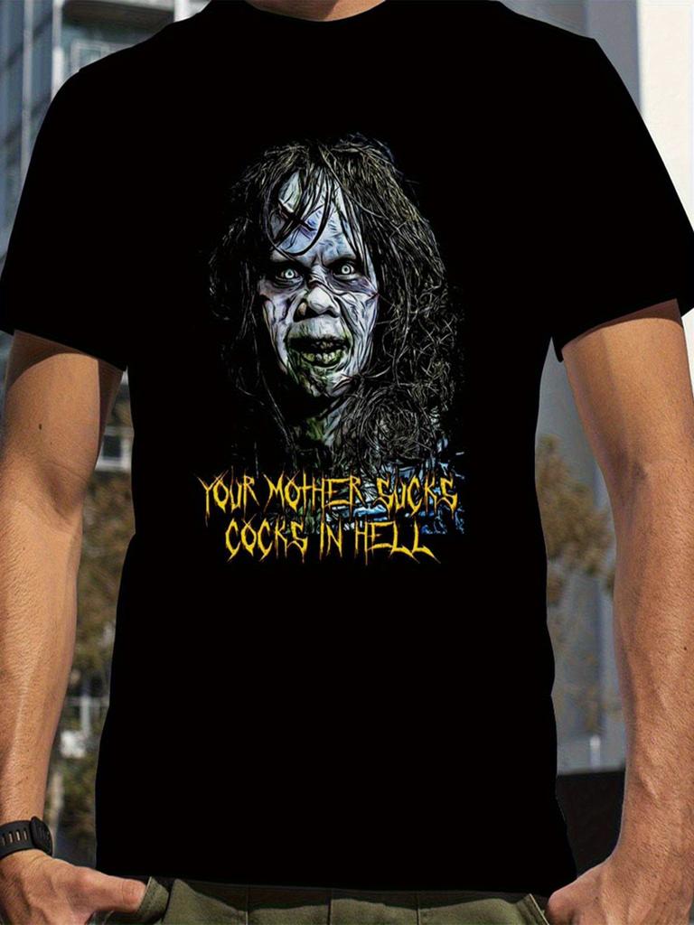 The Exorcist Regan MacNeil Your Mother Cooks in Hell Mens T-Shirt Black Horror Movie Graphic Tee with Cartoon Print