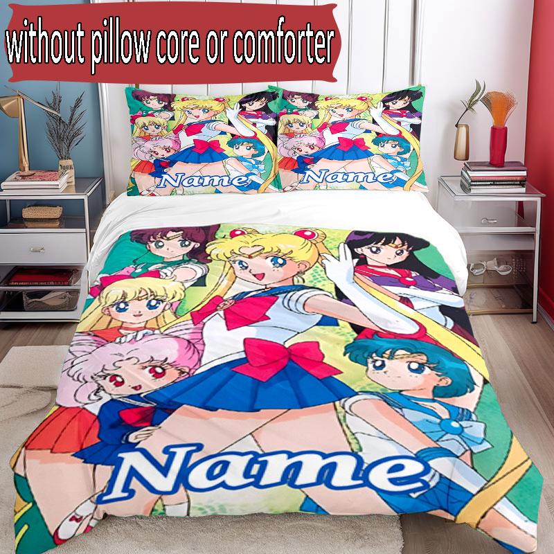 3pcs Duvet Cover Set (1*Duvet Cover + 2*Pillowcase, Without Core), Custom Name Sailor Moon Pattern Bedding Set, Home Bedroom Decor Gift