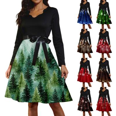 Женские повседневные модные длинные платья с рождественским графическим принтом и длинными рукавами в винтажном стиле