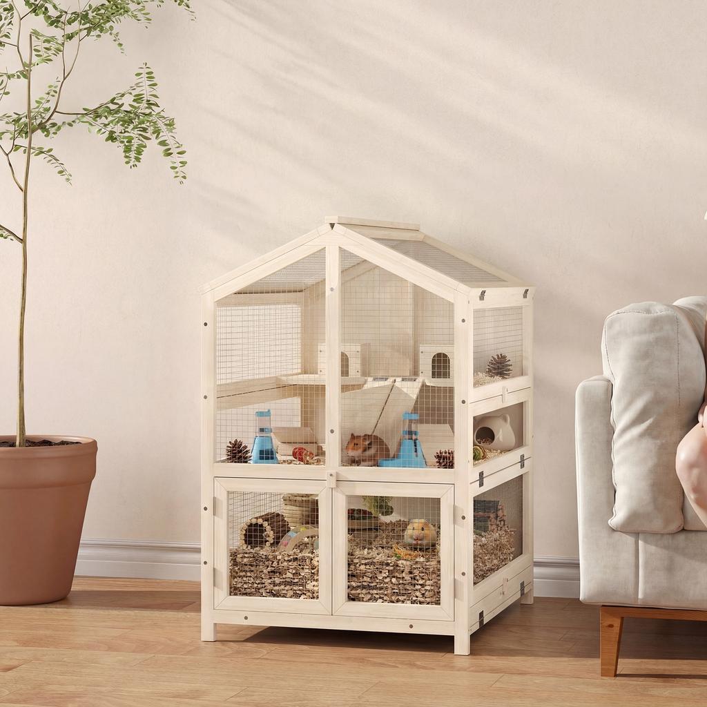 3-Level Wooden Hamster Cage with Water Bottles, Houses, Rocking Toys, Removable Tray and Hinged Lids - Natural