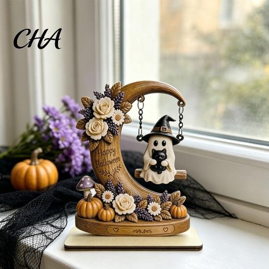 Desktop Halloween Decorations Moon Swing Ghost Figurine, Reading on with Floral Tiered Tray Decor Pumpkin Accents, Wooden Bookshelf for Desk