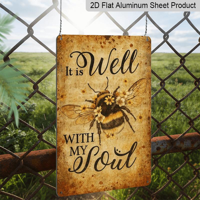 2D Flat, Vintage Bee and Flower Wall Plaque with "My Soul Is Good" Quote - Rustic Aluminium Farmhouse Decor Suitable for Home, Garden, Porch