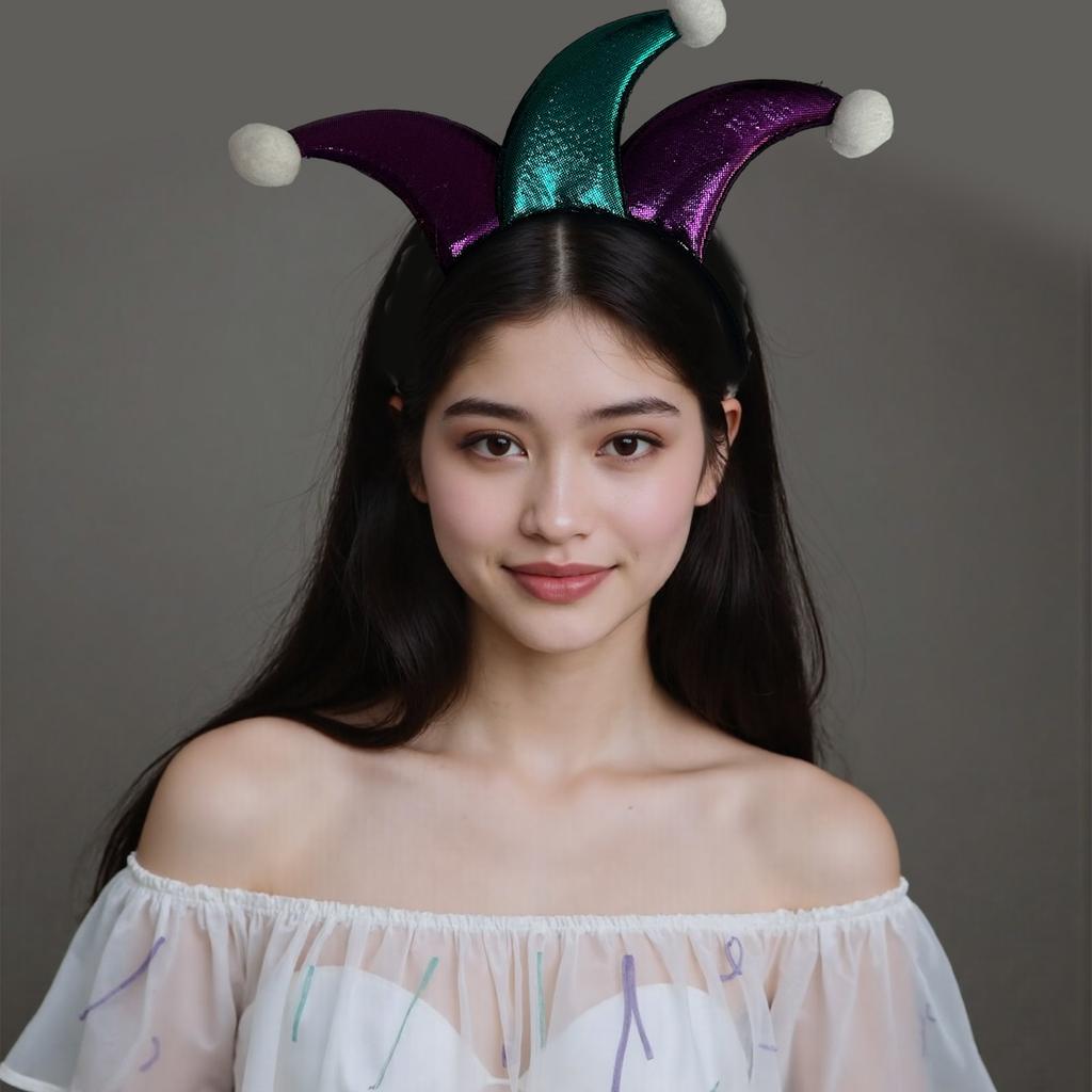 Регулируемый головной убор в стиле клоуна, фиолетовая блестящая ткань, отделка помпонами, аксессуар для волос для костюма на вечеринку