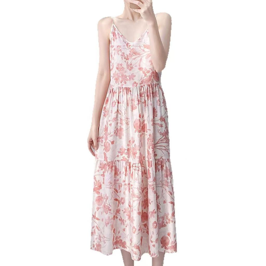 New women's cotton and silk nightgown summer thin large size printing sweet floral pajamas sleeveless outer loungewear