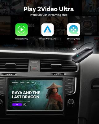 Беспроводной адаптер Play2Video Ultra для CarPlay и Android Auto с поддержкой YouTube, Netflix, Spotify | Wi-Fi 5 ГГц, автоматическое подключение, без задержек