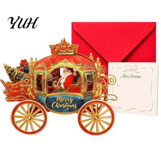 Handmade Style Greeting Cards 3D Christmas Carriage Pop Up Card, Vintage Santa on Festive Party Supplies Sleigh Tabletop Decoration, Holiday Card with
