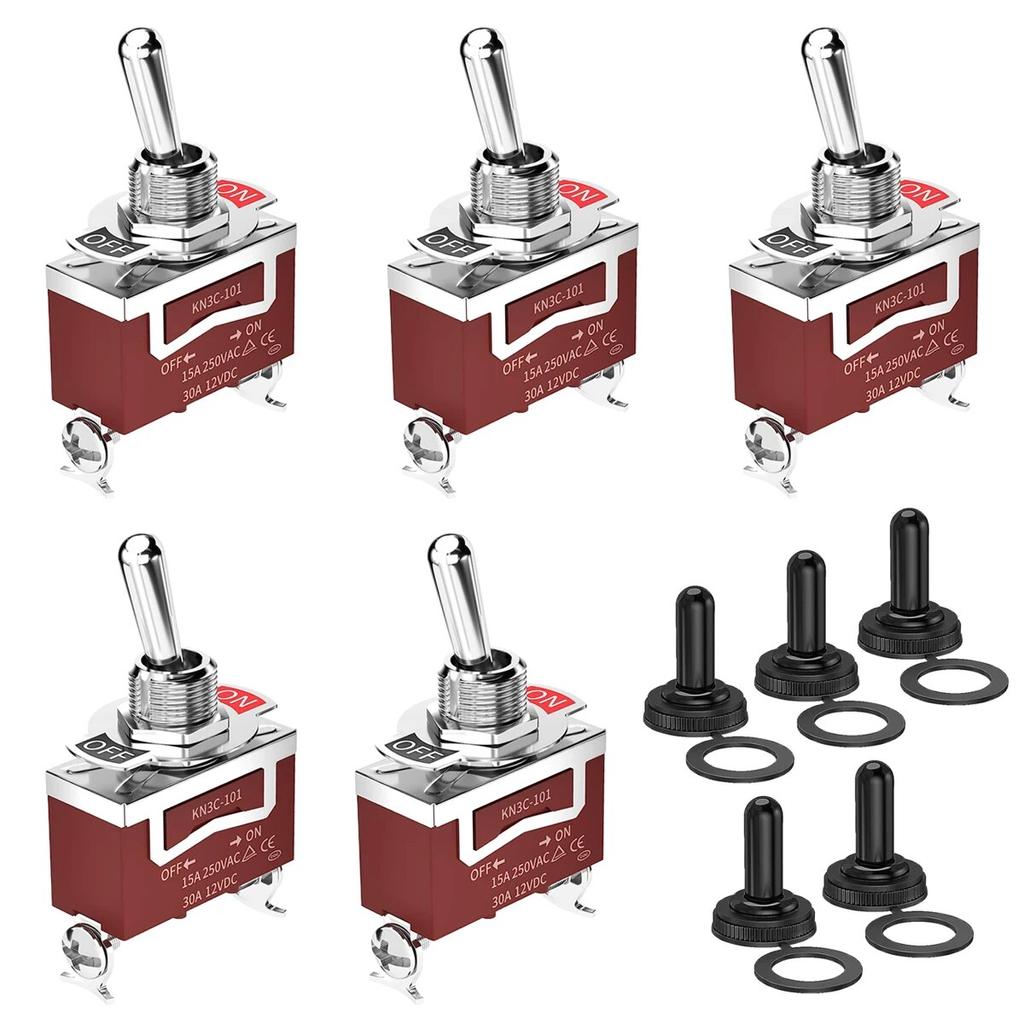 5pcs Waterproof Toggle Switch 12V Marine ON Off ON SPDT 12 Volt DC 30A Heavy Duty 3 Way Toggle Switch with Boot Cap Cover