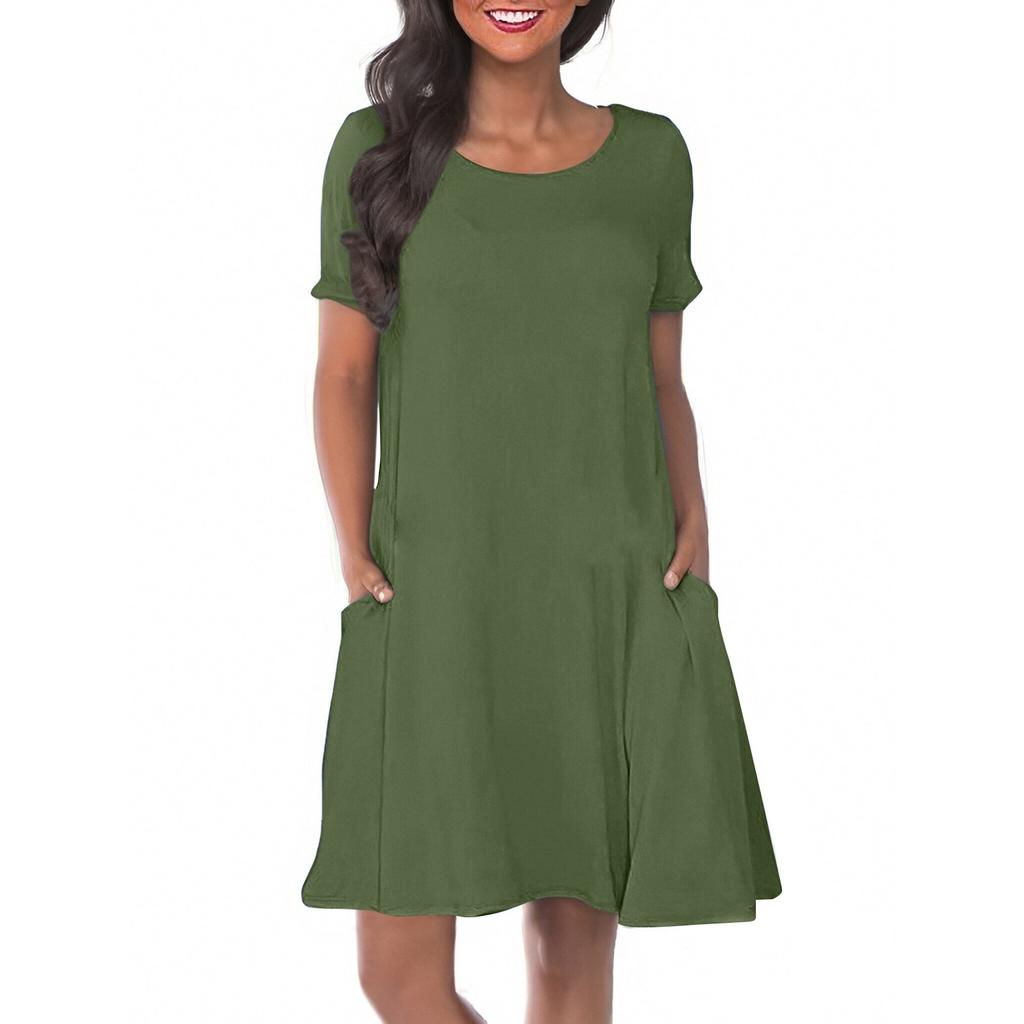 Women's Solid Color Round Neck Solid Color Casual Pocket Short Sleeve Swing Dress