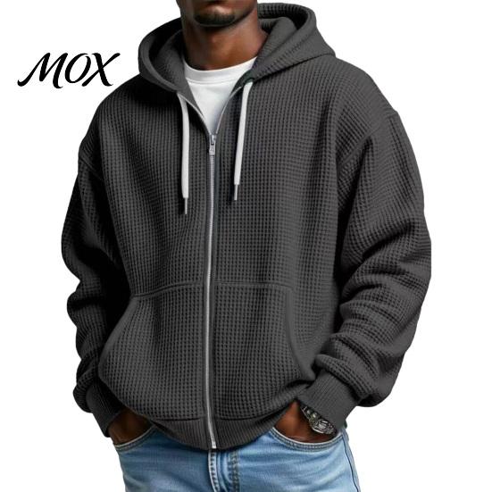 Mens Casual Waffle Jacket Men's Hooded Jacket, Solid Knit Zip Up Hoodie with Adjustable Functional Utility Storage Hood & Pockets, Long Sleeve