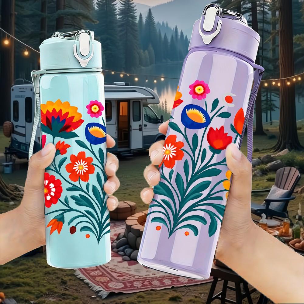 1PC Bright Folk Floral Bouquet Print 750ml Color Plastic Sports Water Bottle Leakproof Flip Straw Lid Suitable for Sports Office Home Use