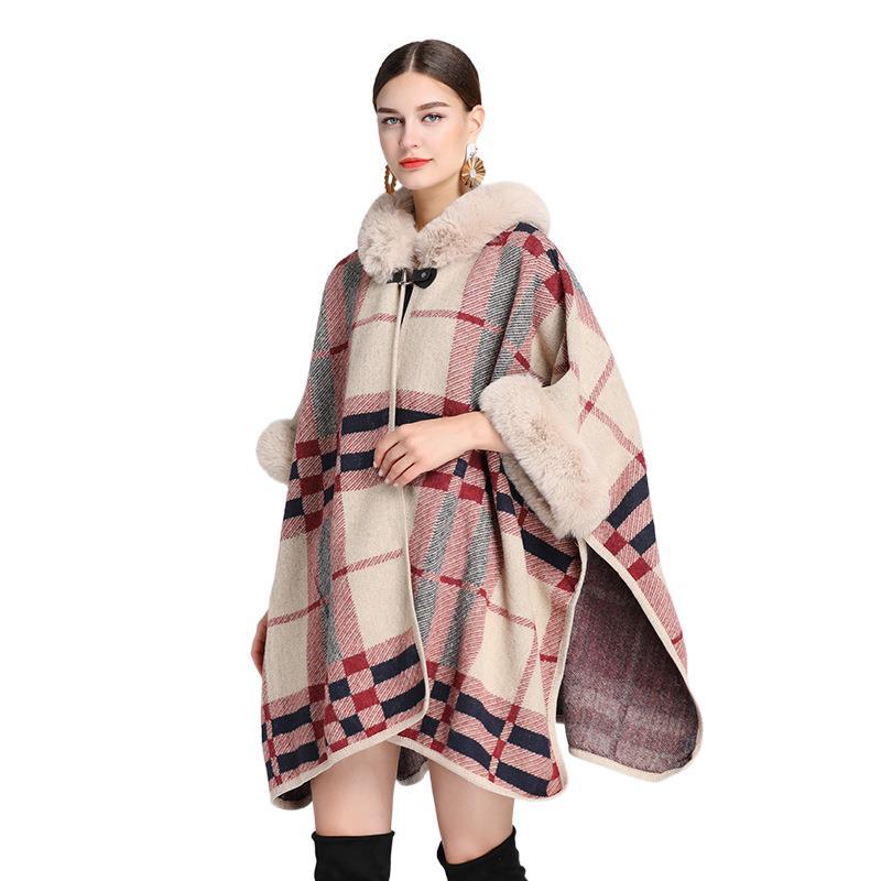 Зимняя женская накидка, шаль с меховым воротником, свободный клетчатый кардиган с капюшоном, большой размер, твидовый жакет с семиточечными рукавами