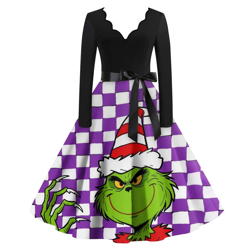 Женское модное ретро платье с длинным рукавом, квадратным вырезом, рождественским принтом, вечернее платье