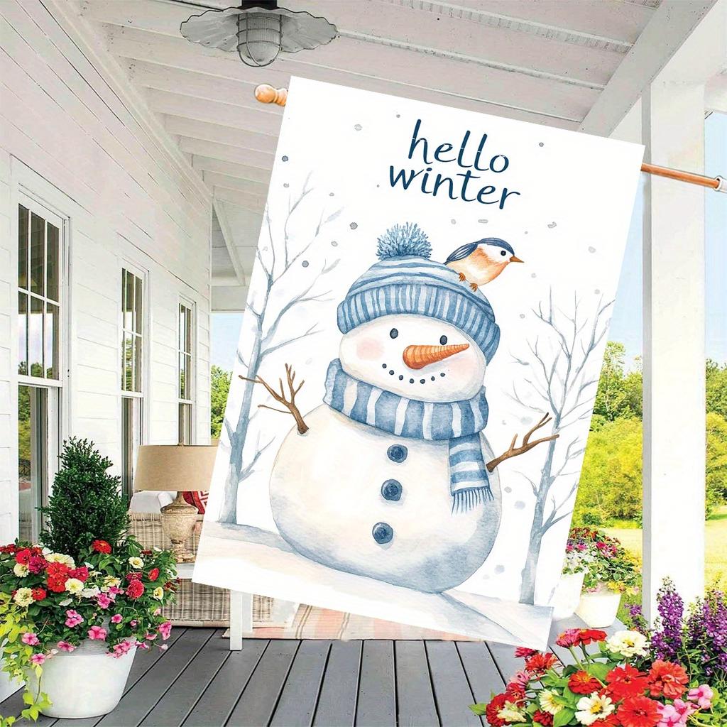 Hello Winter" Sparrow & Snowman Double-Sided Garden Flag , Durable Polyester, Perfect for Outdoor Yard and Lawn Decor