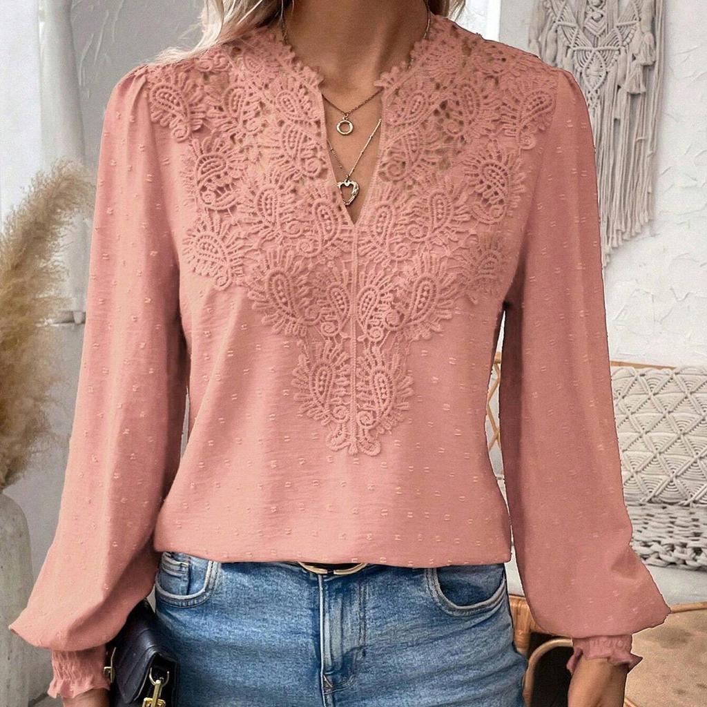 Women's Spring and Autumn Shirts, Bottoming Shirts, V-neck Lace Stitching, Solid Color Tops, Shirts, Casual Women's Clothing