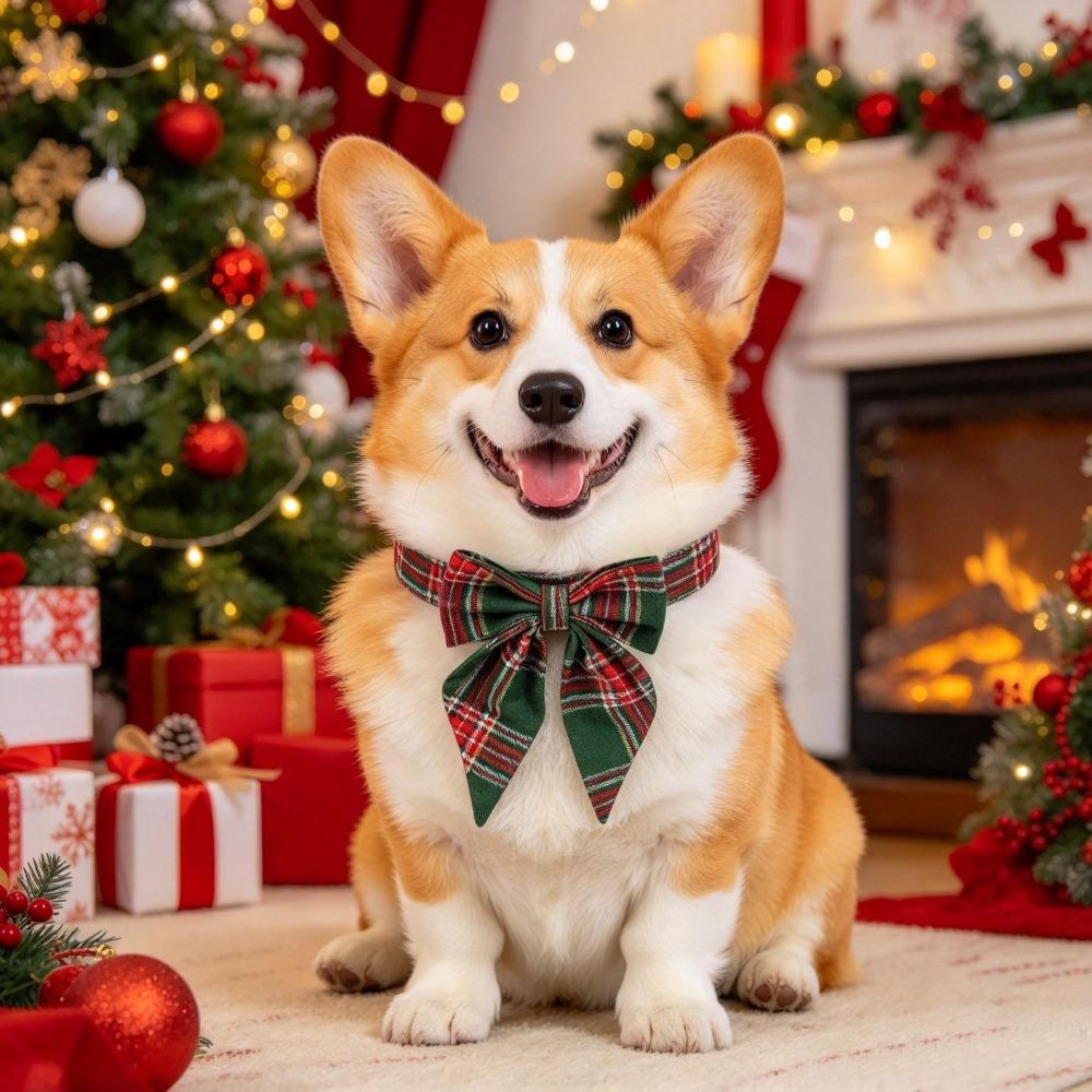 Soft Christmas Lattice Bow Dog Collar Adjustable Dog Drool Bibs Pet Dog Bow Tie For All Seasons