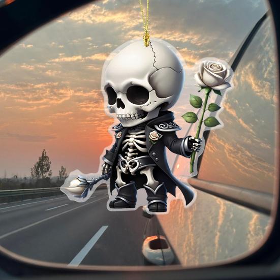 Skeleton Rose Pendant Car Rearview Mirror Ornament Acrylic 2D Bag Pendant Halloween Christmas Decoration Gift for Car Enthusiasts
