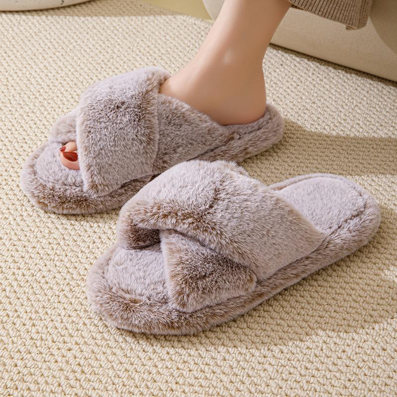 Элегантные мохнатые тапочки с перекрестным ремнем, плюшевые хлопковые тапочки, домашние открытые мохнатые тапочки, женская домашняя обувь, тапочки розового цвета