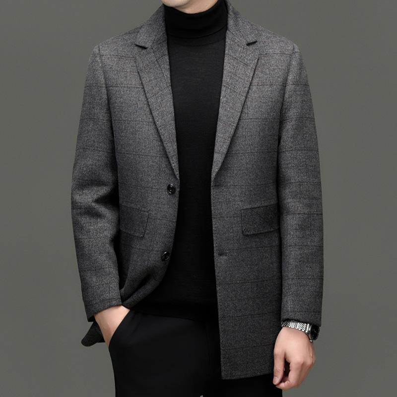 Double-sided Woolen Coat for Men In Winter Thick Suit Collar Plaid Coat Middle-aged Dad Removable Down Liner