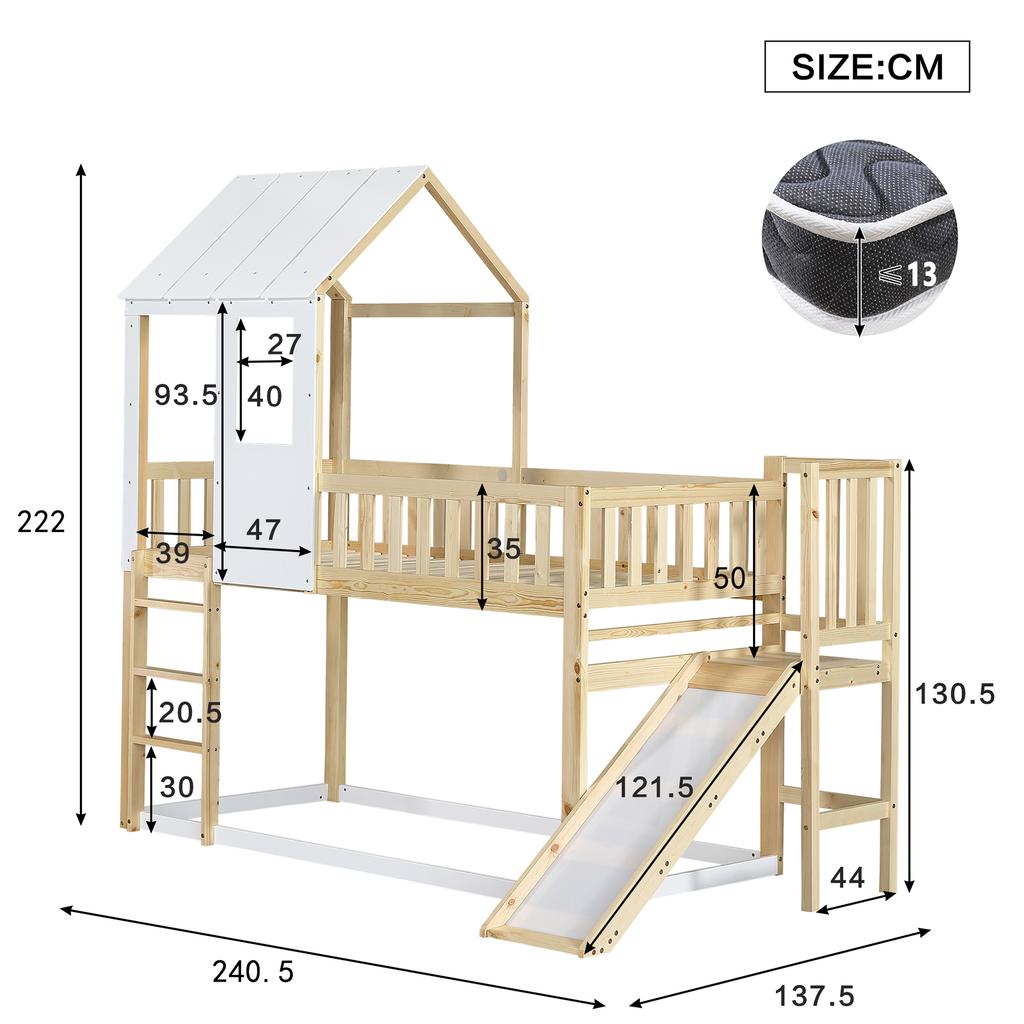 Bunk Bed with Right-Angle Ladder and Slide, with Roof and Window, with Fall Protection and Guardrail, Pine Frame, Natural+White (90x200cm)