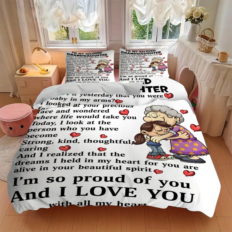 3pcs Grandma Granddaughter Quotes Duvet Cover Set, Cover For Bedroom Guest Room (1 Duvet Cover + 2 Pillowcase, Without Quilt), yy250922170