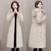 Middle-aged women's glossy cotton-padded clothes, long over-the-knee hooded cotton clothes, waist drawstring, waist and thin large size, winter guaran