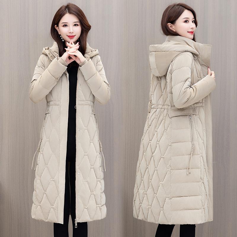 Middle-aged women's glossy cotton-padded clothes, long over-the-knee hooded cotton clothes, waist drawstring, waist and thin large size, winter guaran