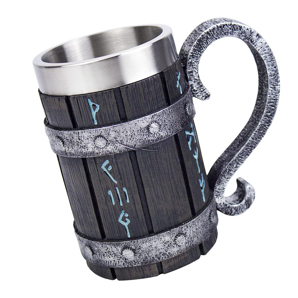 Nordic Viking Rune Mug Tankard Stainless Steel Wooden Resin 3D Norse Decor Coffee Cool Gothic Beer Tankard Stein Cup Mugs 600ml