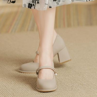 Модная женская обувь 2024 года, брендовые женские туфли на высоком каблуке Mary Jane, модные туфли на высоком каблуке с бусинами, популярные женские туфли на высоком каблуке с круглым носком